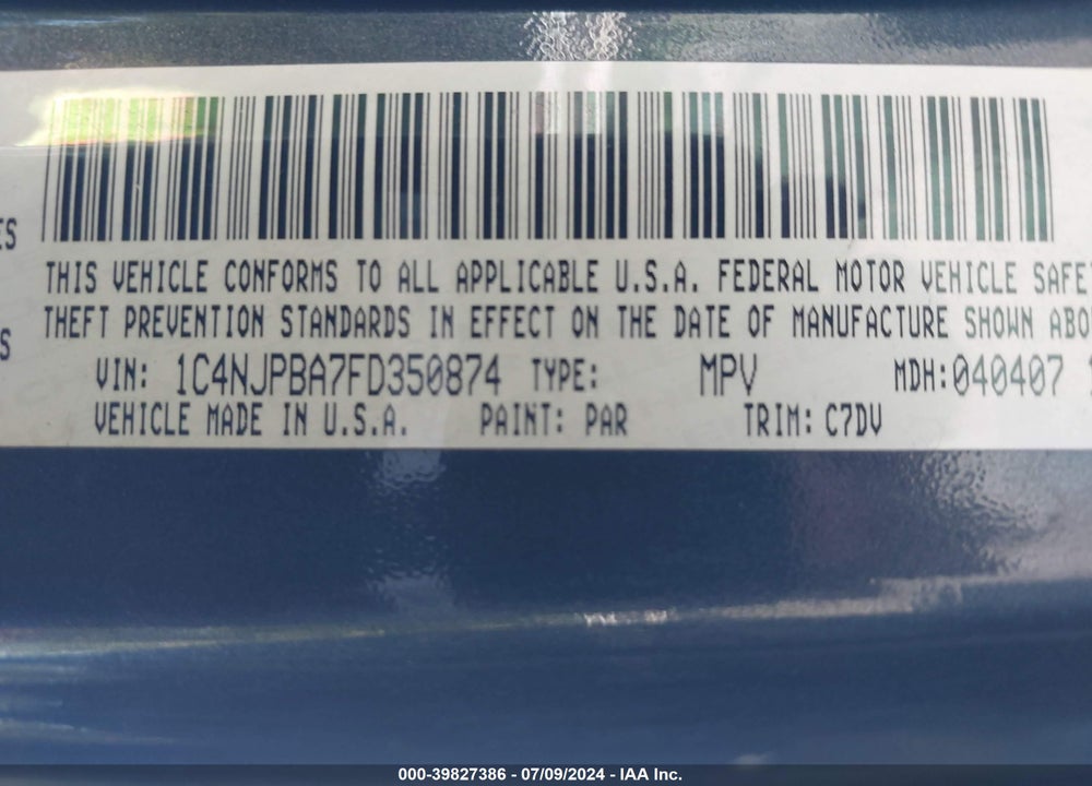 2015 JEEP PATRIOT ALTITUDE EDITION VIN: 1C4NJPBA7FD350874