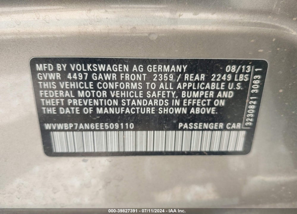 2014 VOLKSWAGEN CC 2.0T SPORT VIN: WVWBP7AN6EE509110