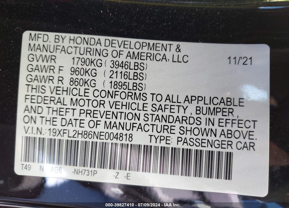 2022 HONDA CIVIC SPORT VIN: 19XFL2H86NE004818