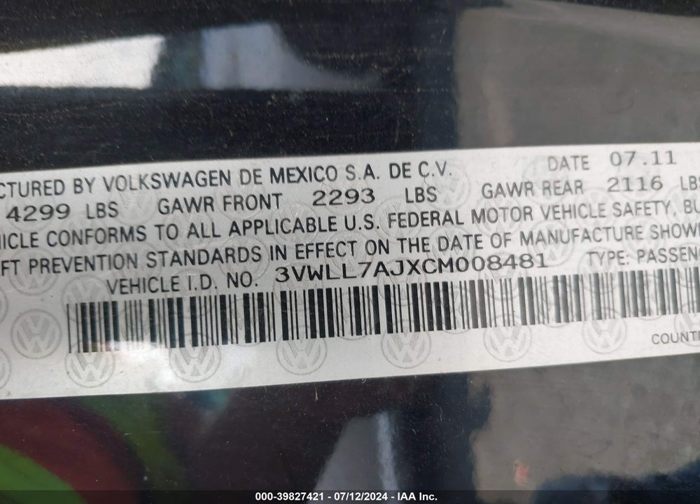 2012 VOLKSWAGEN JETTA 2.0L TDI VIN: 3VWLL7AJXCM008481
