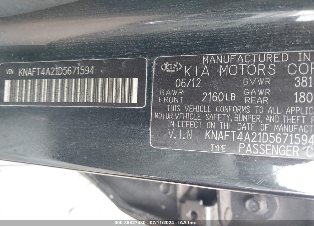 2013 KIA FORTE LX VIN: KNAFT4A21D5671594