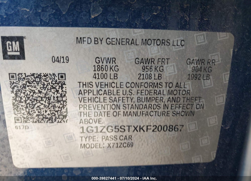 2019 CHEVROLET MALIBU RS VIN: 1G1ZG5STXKF200867