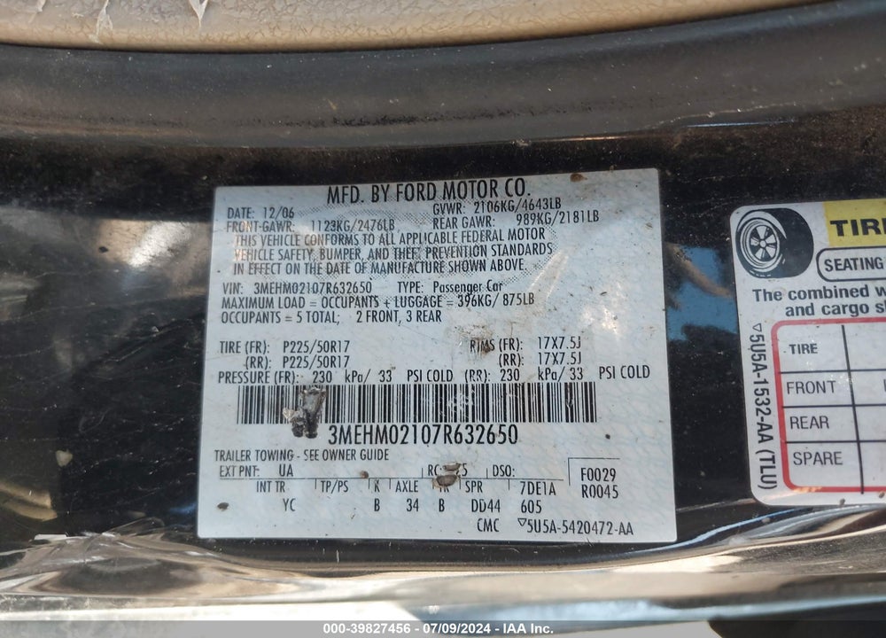 2007 MERCURY MILAN V6 PREMIER VIN: 3MEHM02107R632650