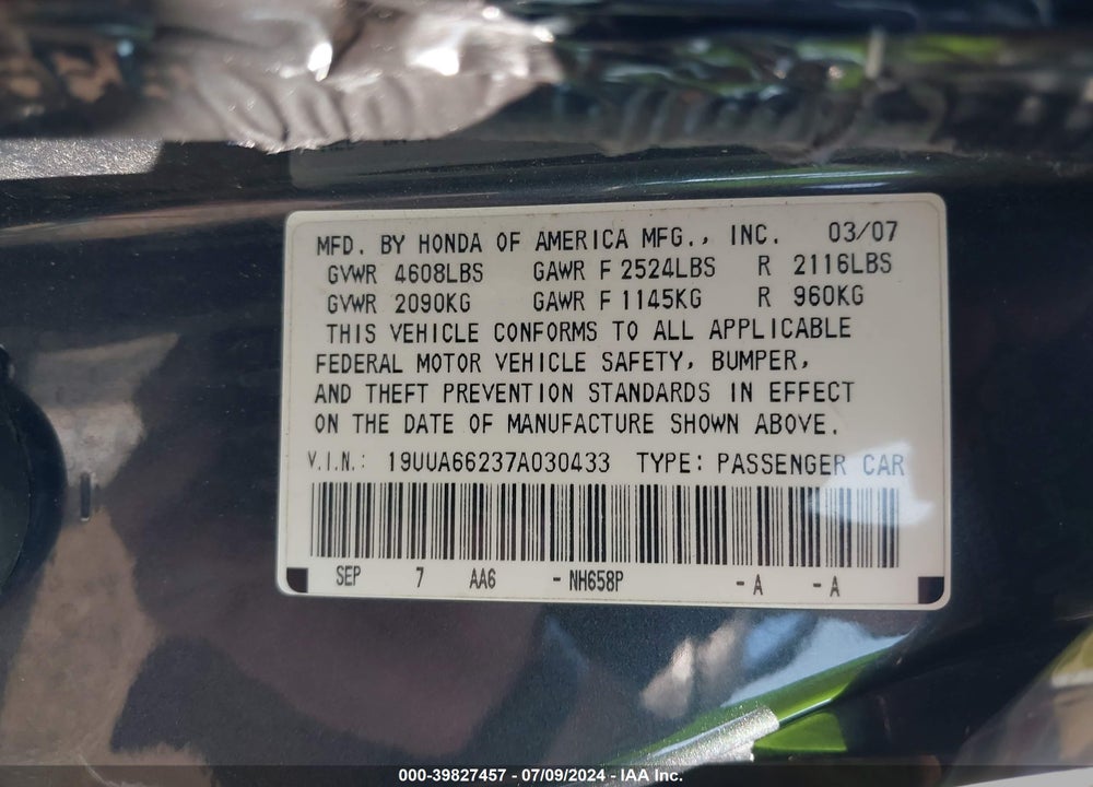 2007 ACURA TL 3.2 VIN: 19UUA66237A030433