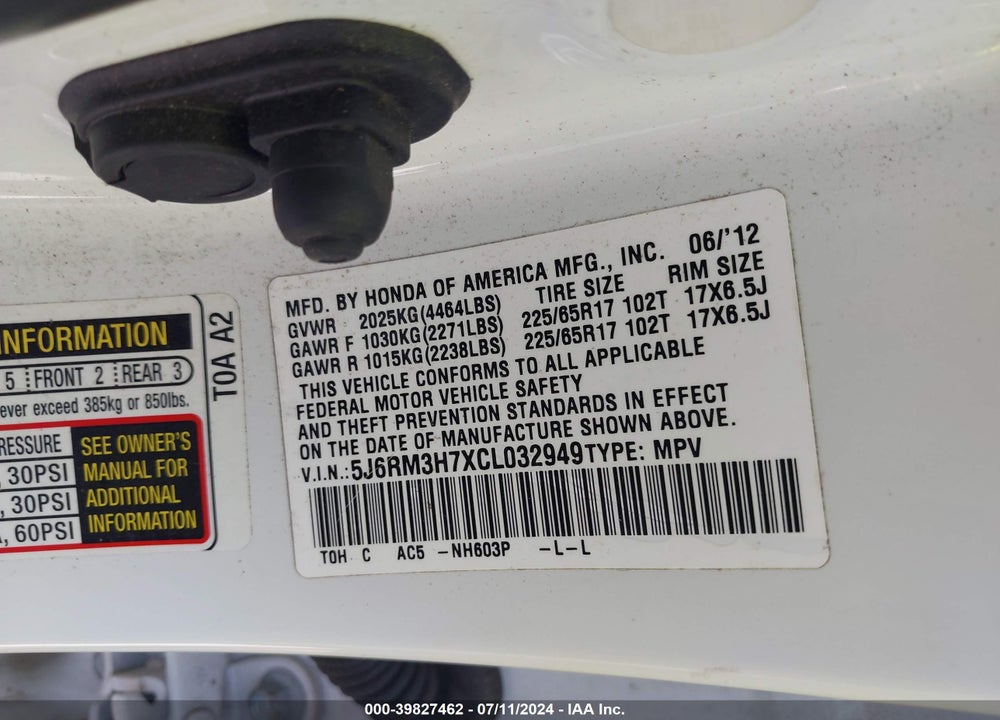 2012 HONDA CR-V VIN: 5J6RM3H7XCL032949