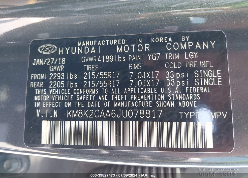 2018 HYUNDAI KONA SEL VIN: KM8K2CAA6JU078817