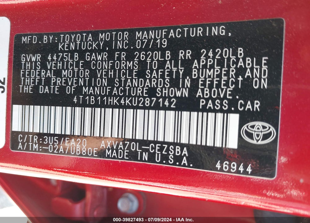 2019 TOYOTA CAMRY SE VIN: 4T1B11HK4KU287142