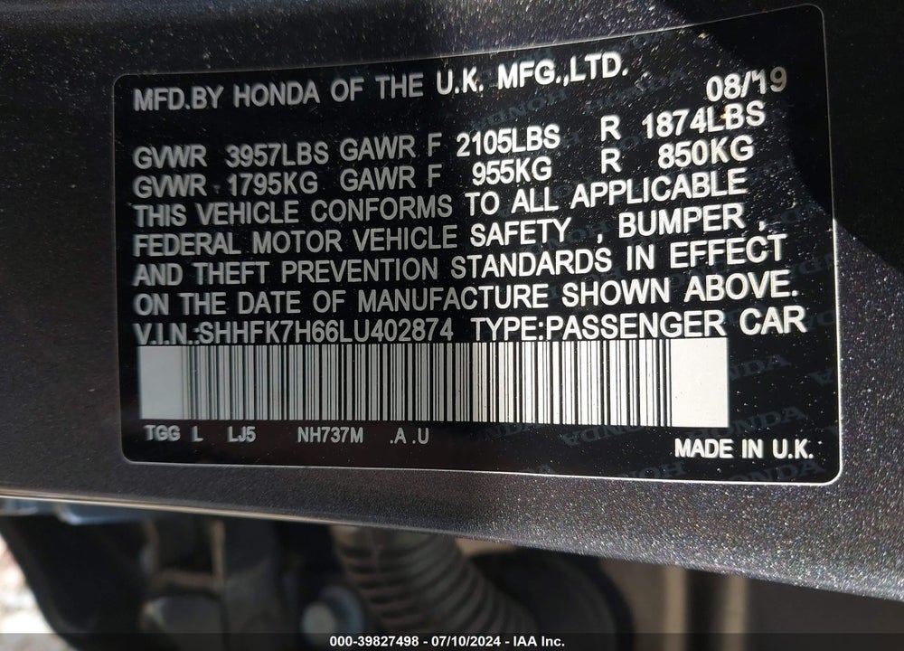 2020 HONDA CIVIC EX VIN: SHHFK7H66LU402874