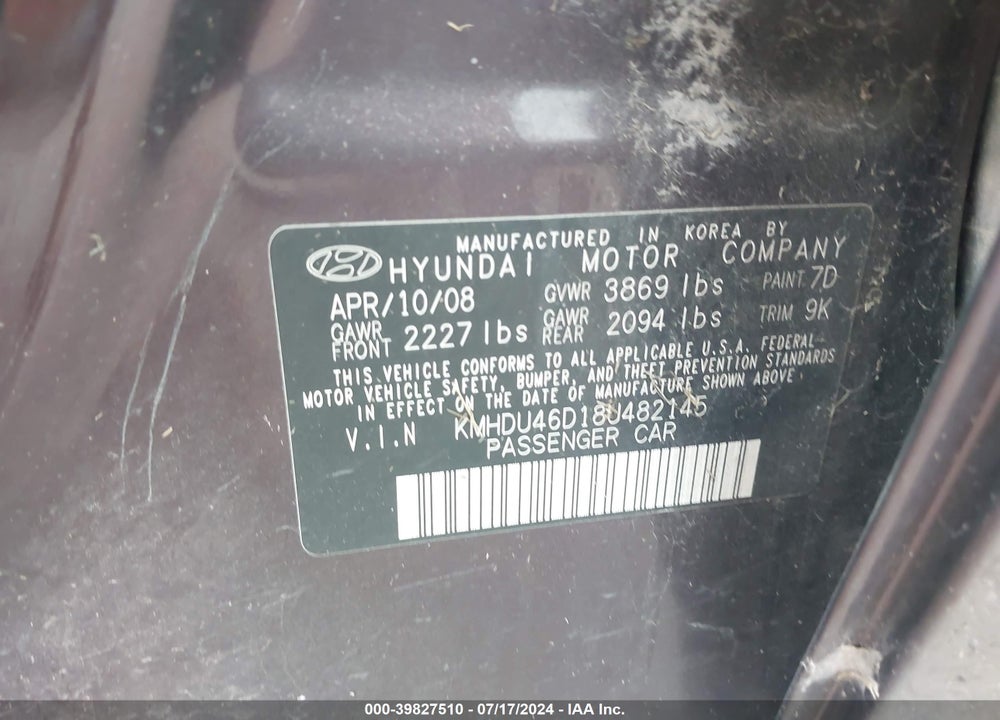 2008 HYUNDAI ELANTRA GLS/SE VIN: KMHDU46D18U482145