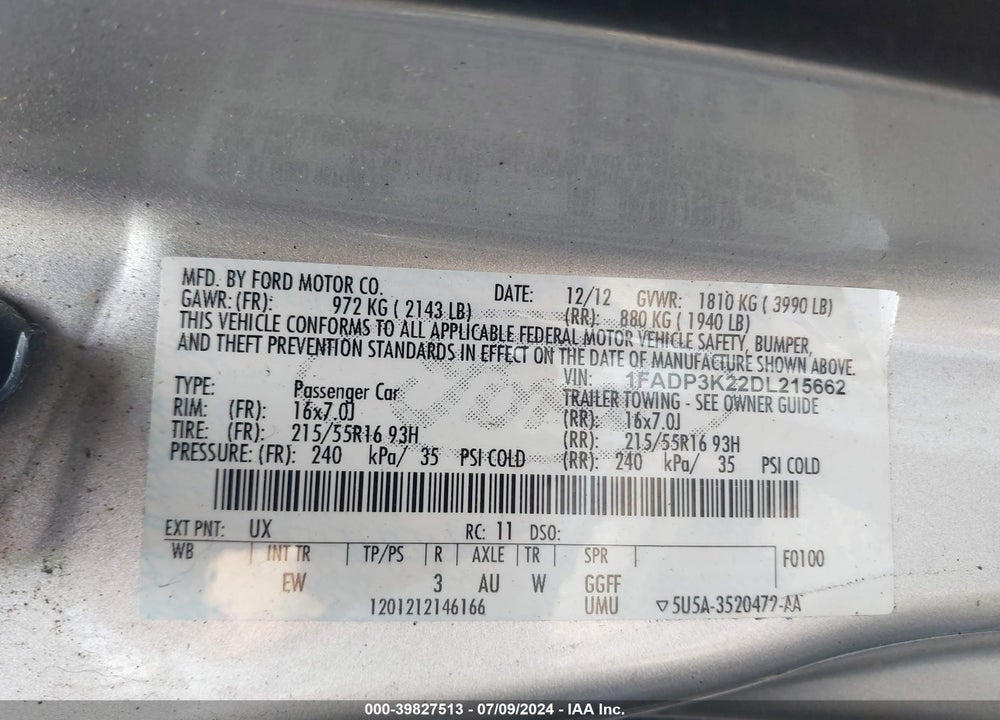2013 FORD FOCUS SE VIN: 1FADP3K22DL215662