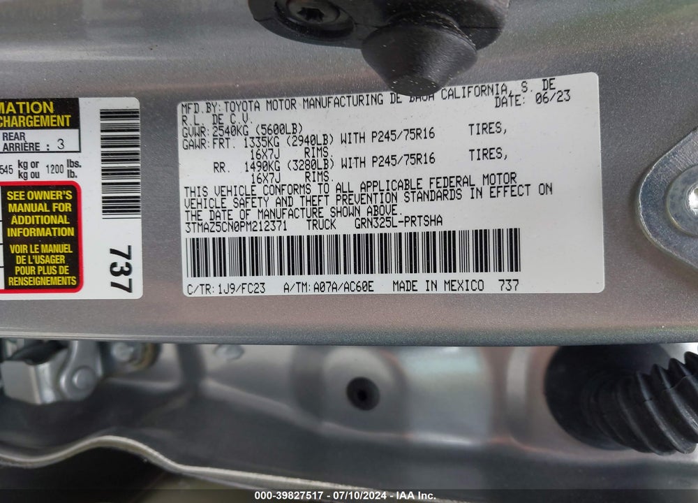 2023 TOYOTA TACOMA SR5 V6 VIN: 3TMAZ5CN0PM212371