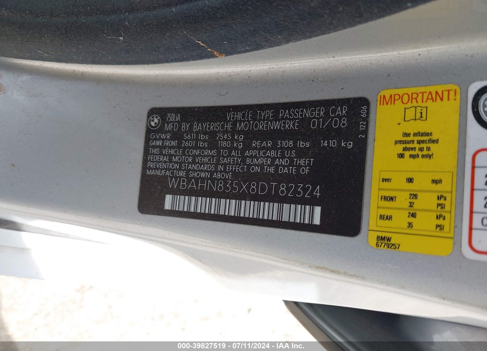 2008 BMW 750LI VIN: WBAHN835X8DT82324