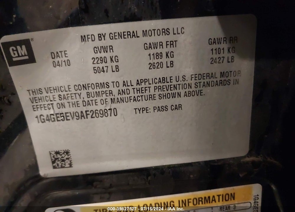 2010 BUICK LACROSSE CXS VIN: 1G4GE5EV9AF269870