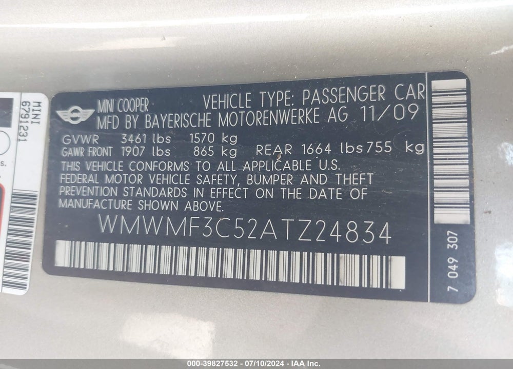 2010 MINI COOPER VIN: WMWMF3C52ATZ24834
