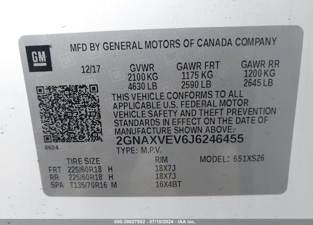 2018 CHEVROLET EQUINOX PREMIER VIN: 2GNAXVEV6J6246455