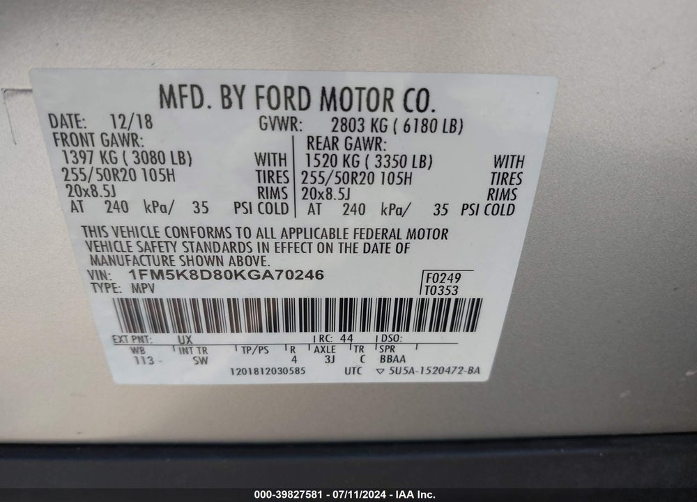 2019 FORD EXPLORER XLT VIN: 1FM5K8D80KGA70246