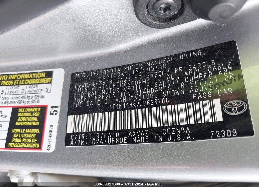 2018 TOYOTA CAMRY LE VIN: 4T1B11HK2JU626706