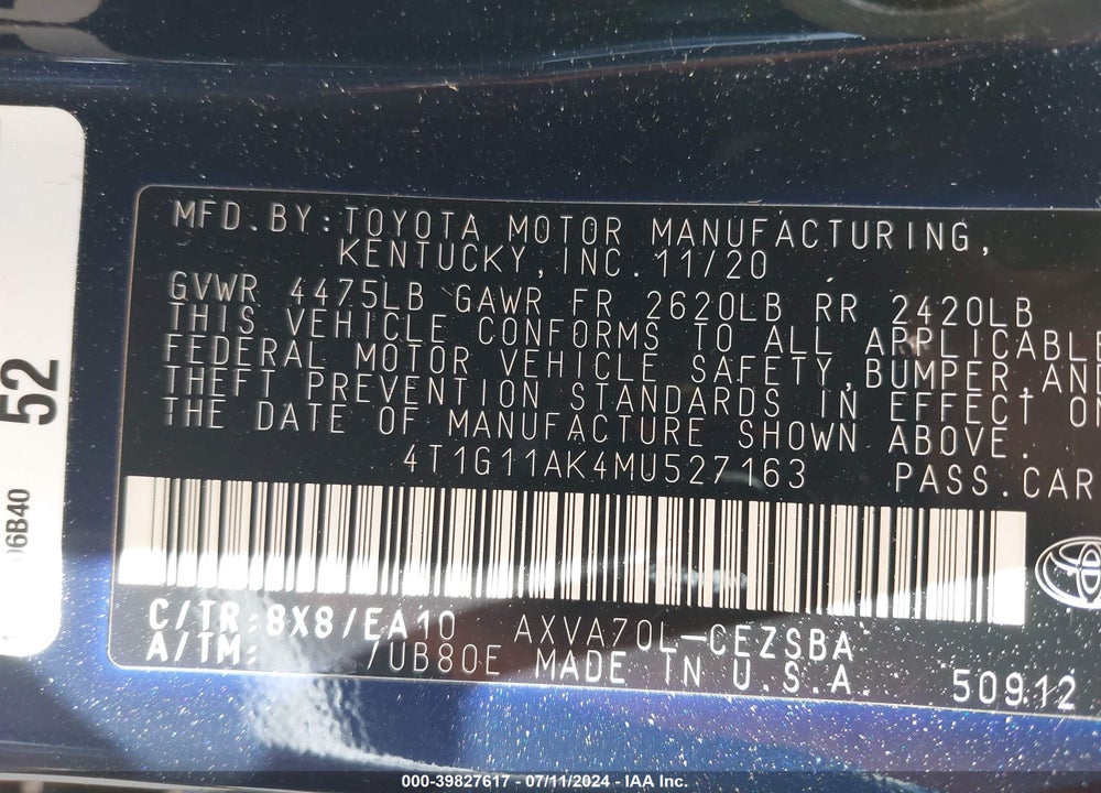 2021 TOYOTA CAMRY VIN: 4T1G11AK4MU527163
