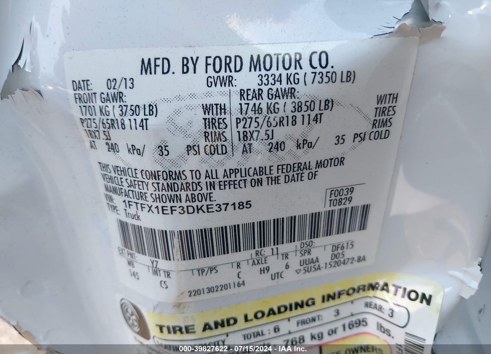 2013 FORD F-150 STX VIN: 1FTFX1EF3DKE37185