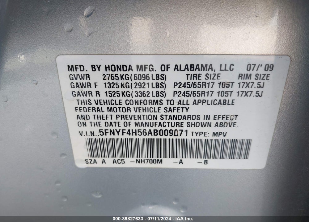 2010 HONDA PILOT EX-L VIN: 5FNYF4H56AB009071