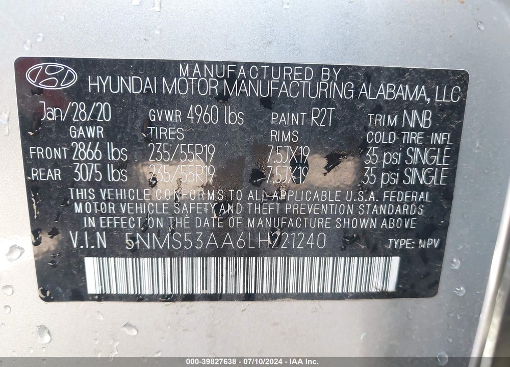 2020 HYUNDAI SANTA FE LIMITED 2.0T VIN: 5NMS53AA6LH221240