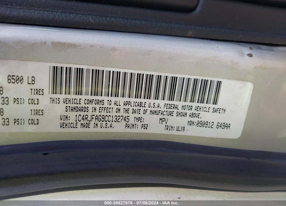 2012 JEEP GRAND CHEROKEE LAREDO VIN: 1C4RJFAG9CC132745