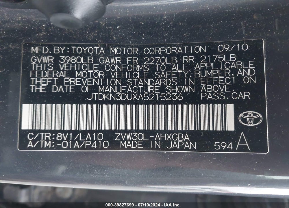 2010 TOYOTA PRIUS IV VIN: JTDKN3DUXA5215236