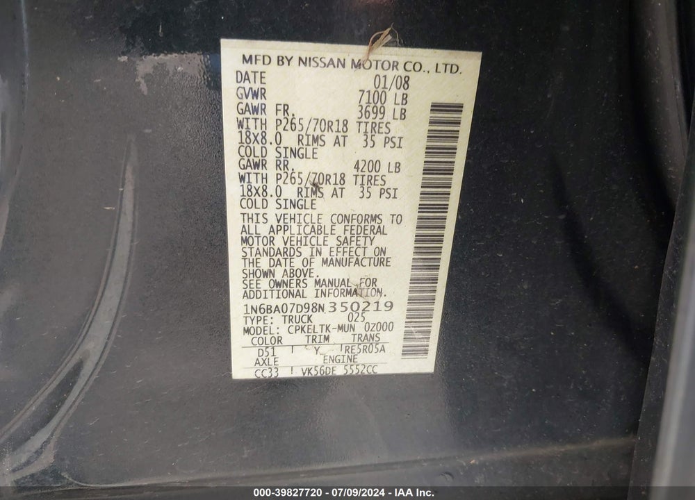 2008 NISSAN TITAN LE/SE/XE VIN: 1N6BA07D98N350219