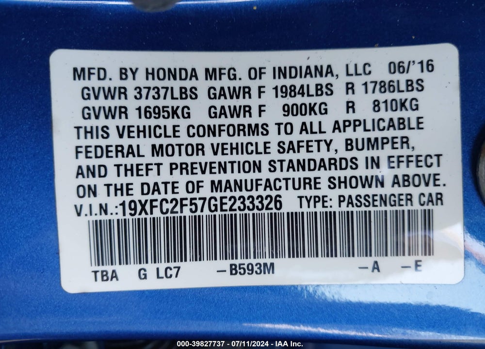 2016 HONDA CIVIC LX VIN: 19XFC2F57GE233326