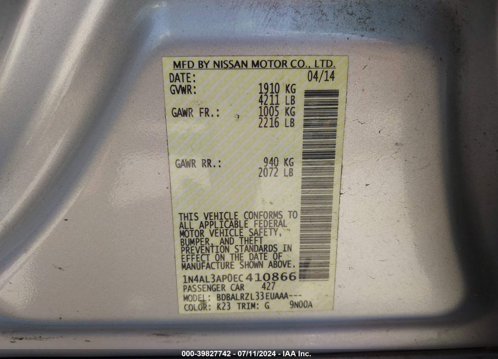 2014 NISSAN ALTIMA 2.5/2.5 S/2.5 SL/2.5 SV VIN: 1N4AL3AP0EC410866