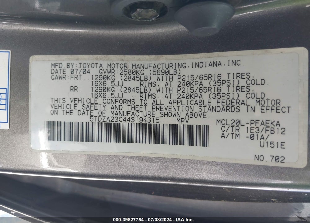2004 TOYOTA SIENNA VIN: 5TDZA23C44S194315