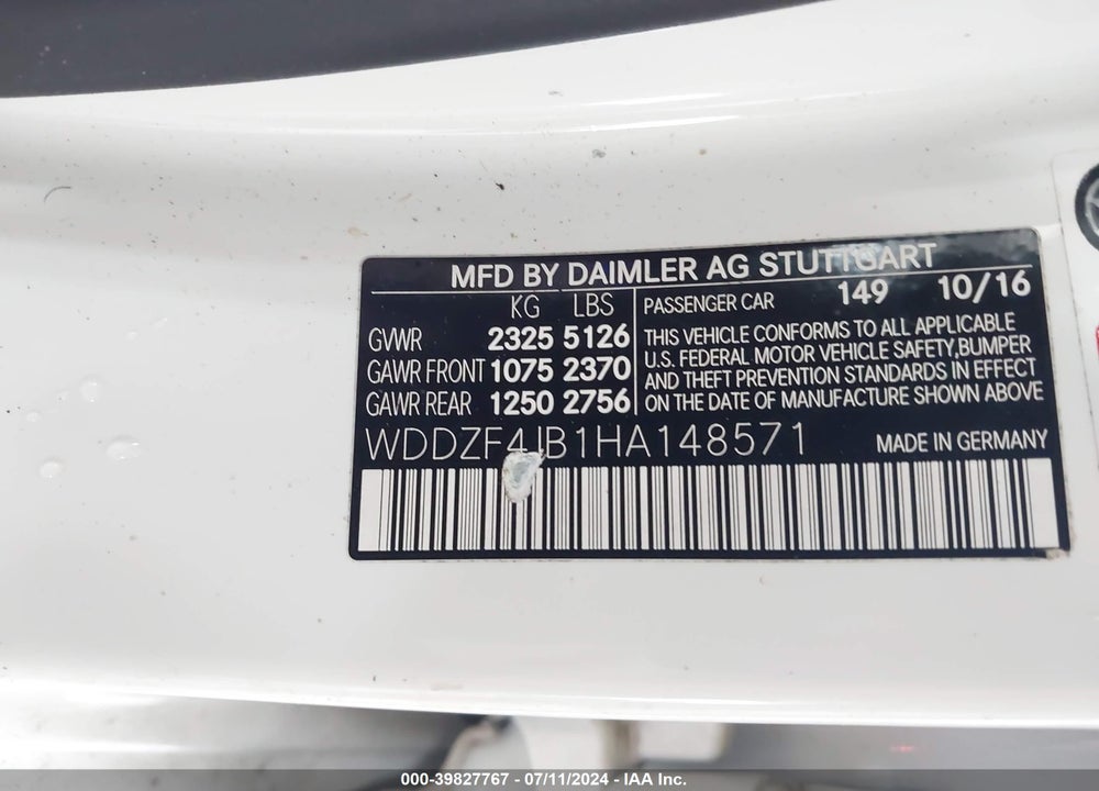 2017 MERCEDES-BENZ E 300 VIN: WDDZF4JB1HA148571
