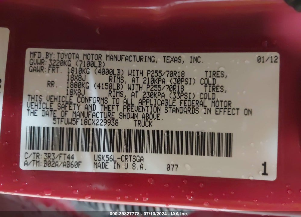 2012 TOYOTA TUNDRA GRADE 5.7L V8 VIN: 5TFUW5F18CX229938