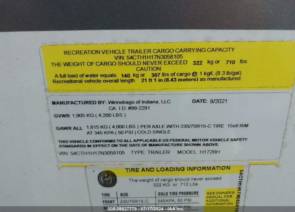 2022 WINNEBAGO OTHER VIN: 54CTH1H17N3058105