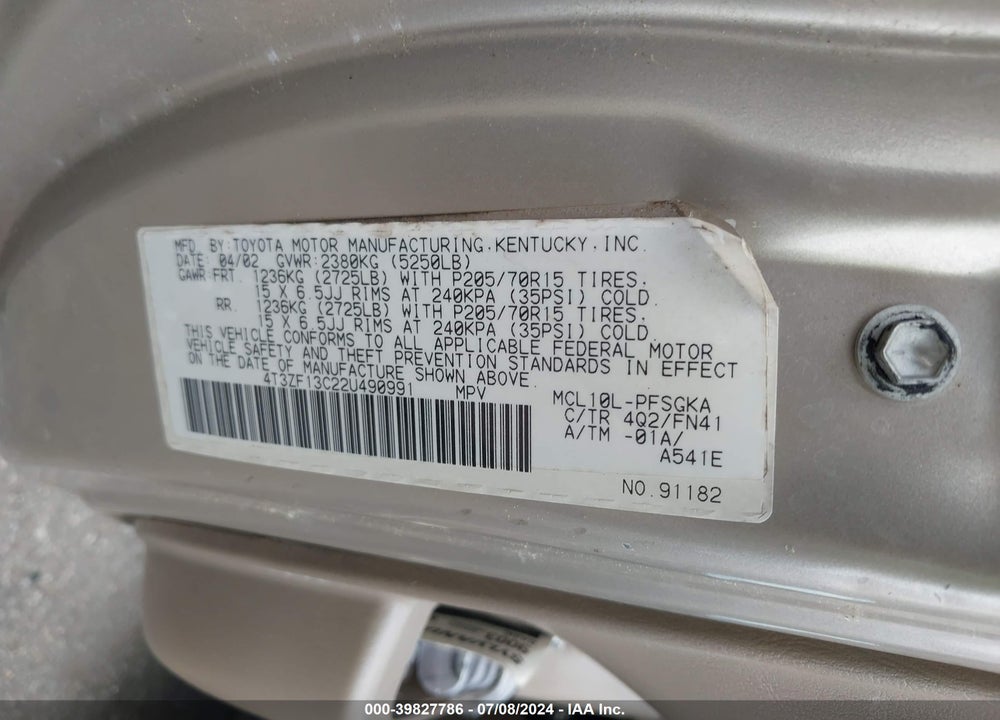 2002 TOYOTA SIENNA LE VIN: 4T3ZF13C22U490991