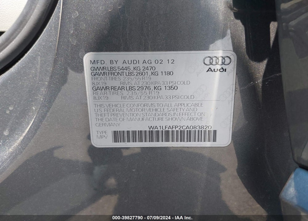 2012 AUDI Q5 2.0T PREMIUM VIN: WA1LFAFP2CA083820