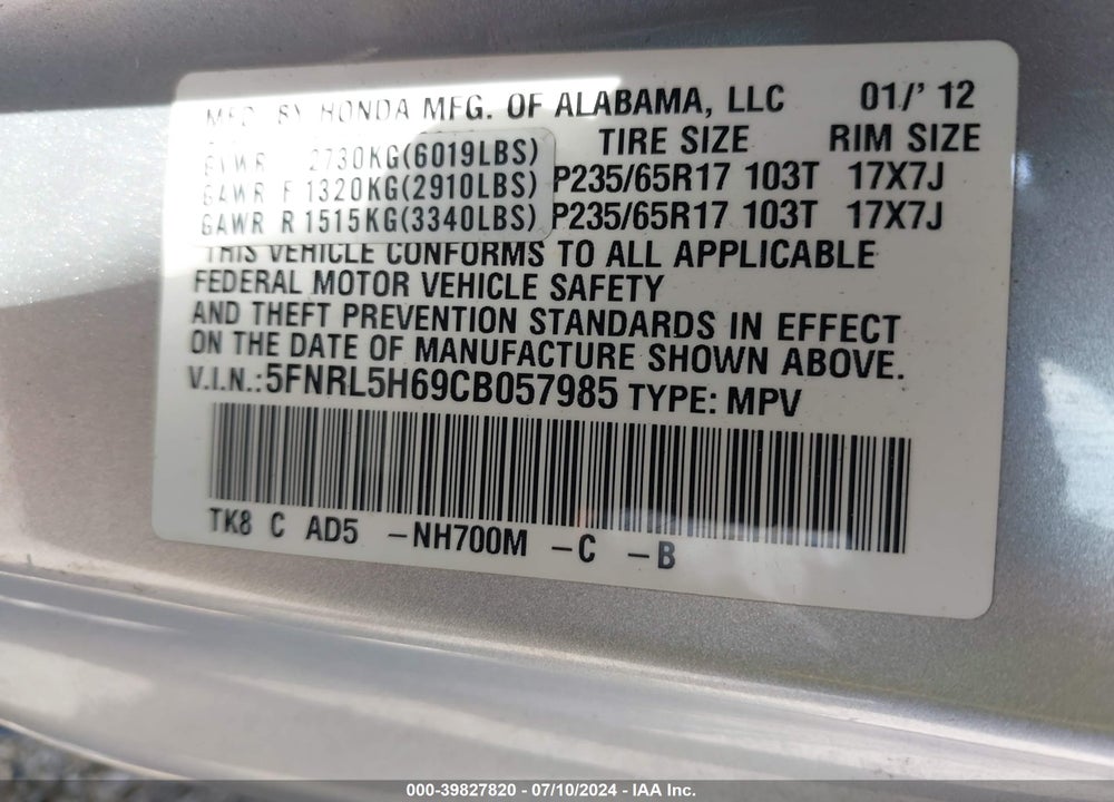 2012 HONDA ODYSSEY EX-L VIN: 5FNRL5H69CB057985