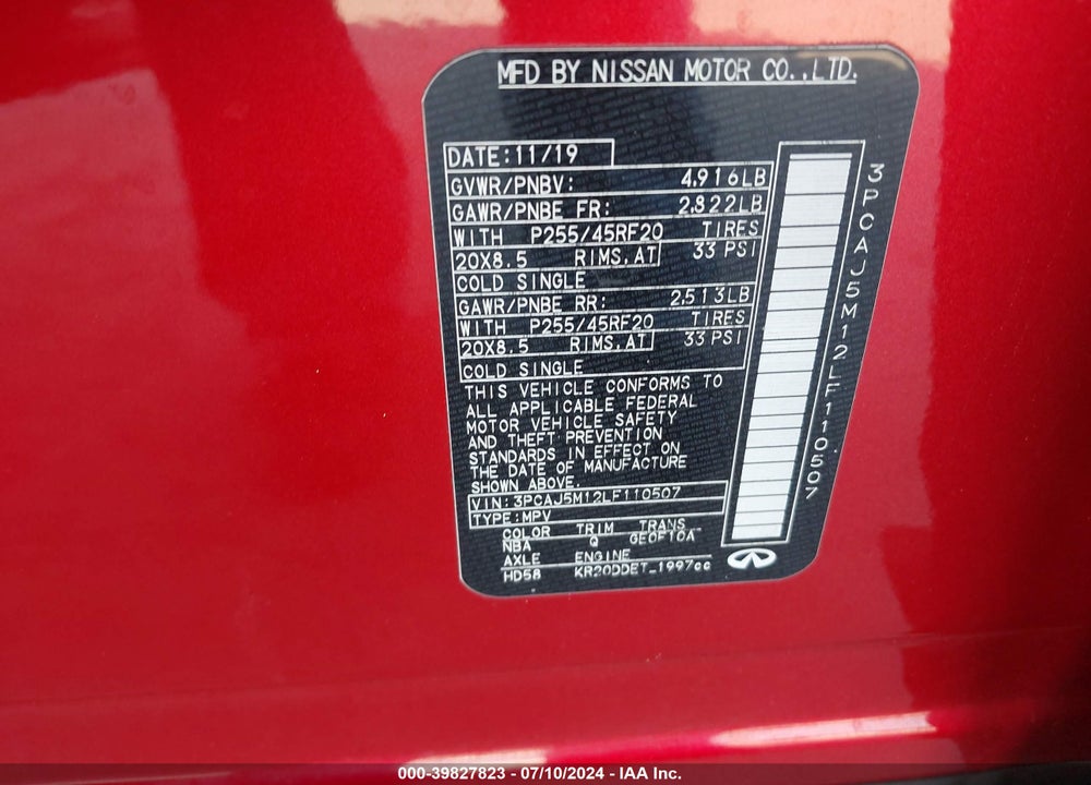 2020 INFINITI QX50 AUTOGRAPH VIN: 3PCAJ5M12LF110507