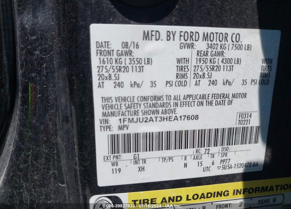 2017 FORD EXPEDITION LIMITED VIN: 1FMJU2AT3HEA17608