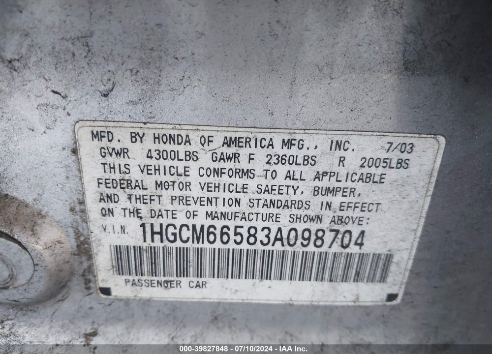 2003 HONDA ACCORD 3.0 EX VIN: 1HGCM66583A098704