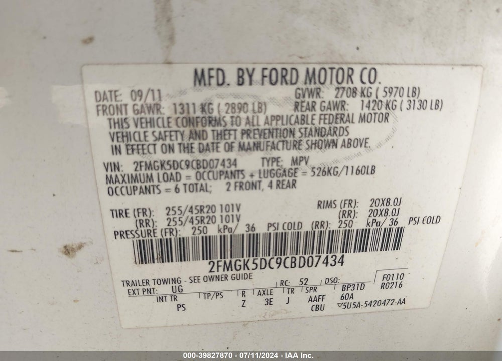2012 FORD FLEX LIMITED VIN: 2FMGK5DC9CBD07434