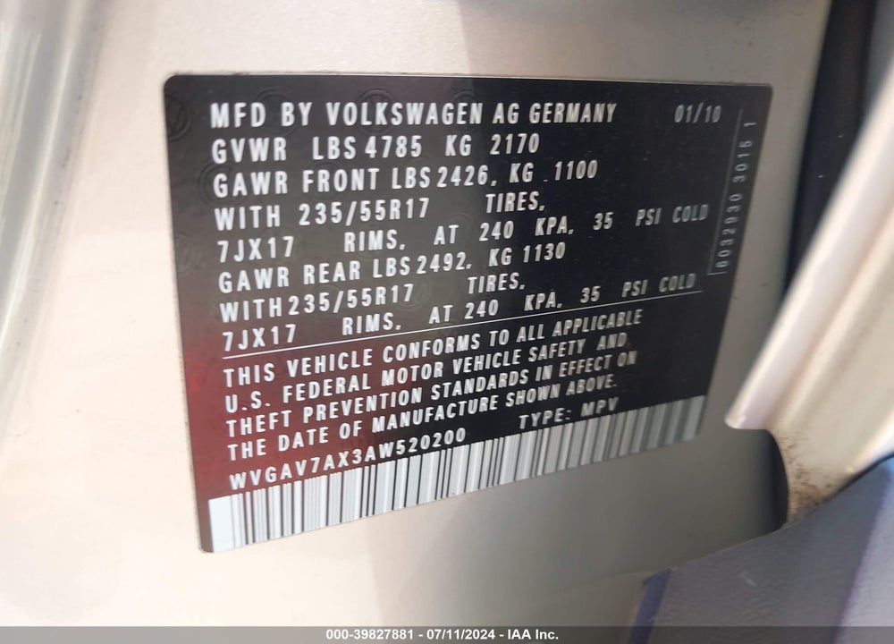 2010 VOLKSWAGEN TIGUAN WOLFSBURG EDITION VIN: WVGAV7AX3AW520200