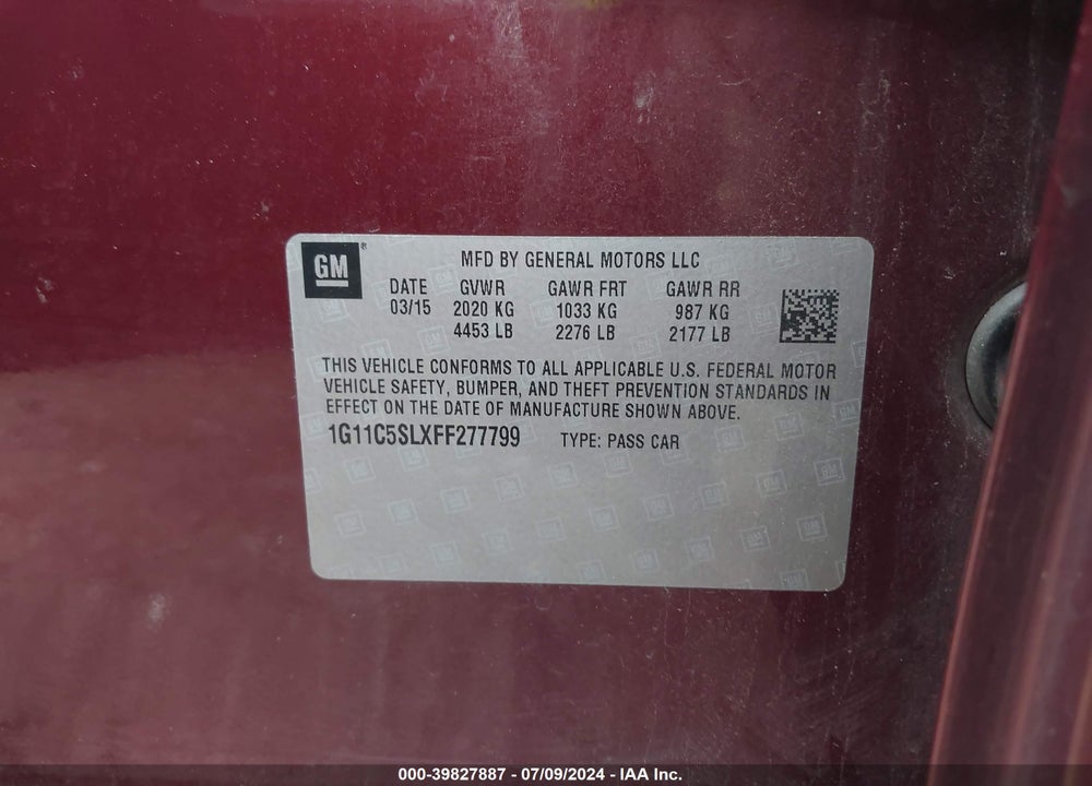 2015 CHEVROLET MALIBU 1LT VIN: 1G11C5SLXFF277799
