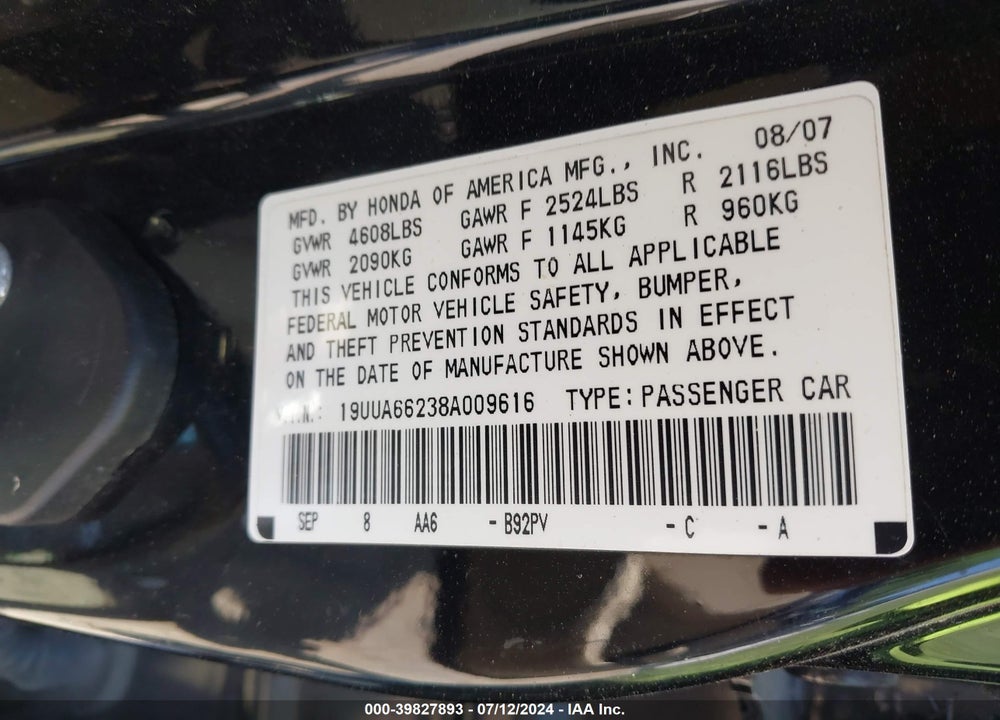 2008 ACURA TL 3.2 VIN: 19UUA66238A009616