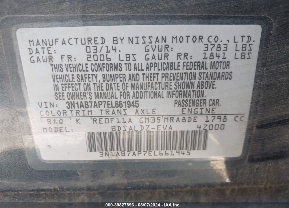 2014 NISSAN SENTRA SV VIN: 3N1AB7AP7EL661945