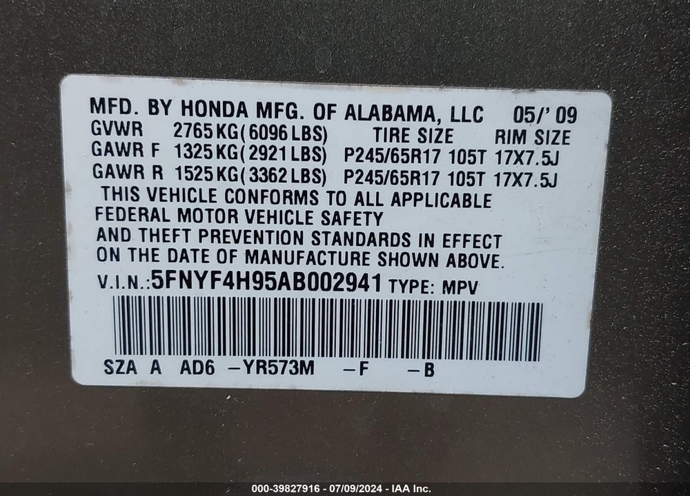 2010 HONDA PILOT TOURING VIN: 5FNYF4H95AB002941
