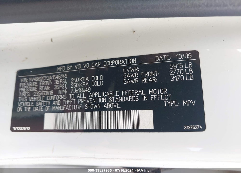 2010 VOLVO XC90 3.2 VIN: YV4982CY3A1546149