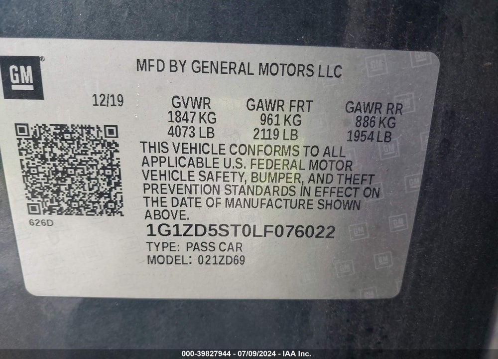 2020 CHEVROLET MALIBU FWD LT VIN: 1G1ZD5ST0LF076022