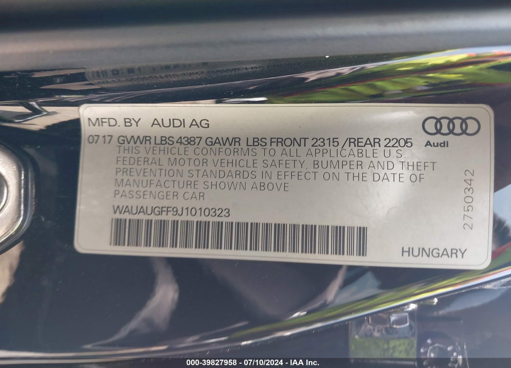 2018 AUDI A3 2.0T PREMIUM VIN: WAUAUGFF9J1010323