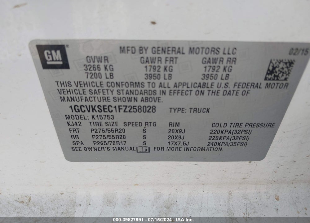 2015 CHEVROLET SILVERADO 1500 2LZ VIN: 1GCVKSEC1FZ258028